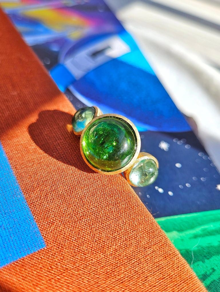 18k Solid Gold Green Tourmaline 3-STONE Cabochon Ring | Resonance Collection | Indulgems