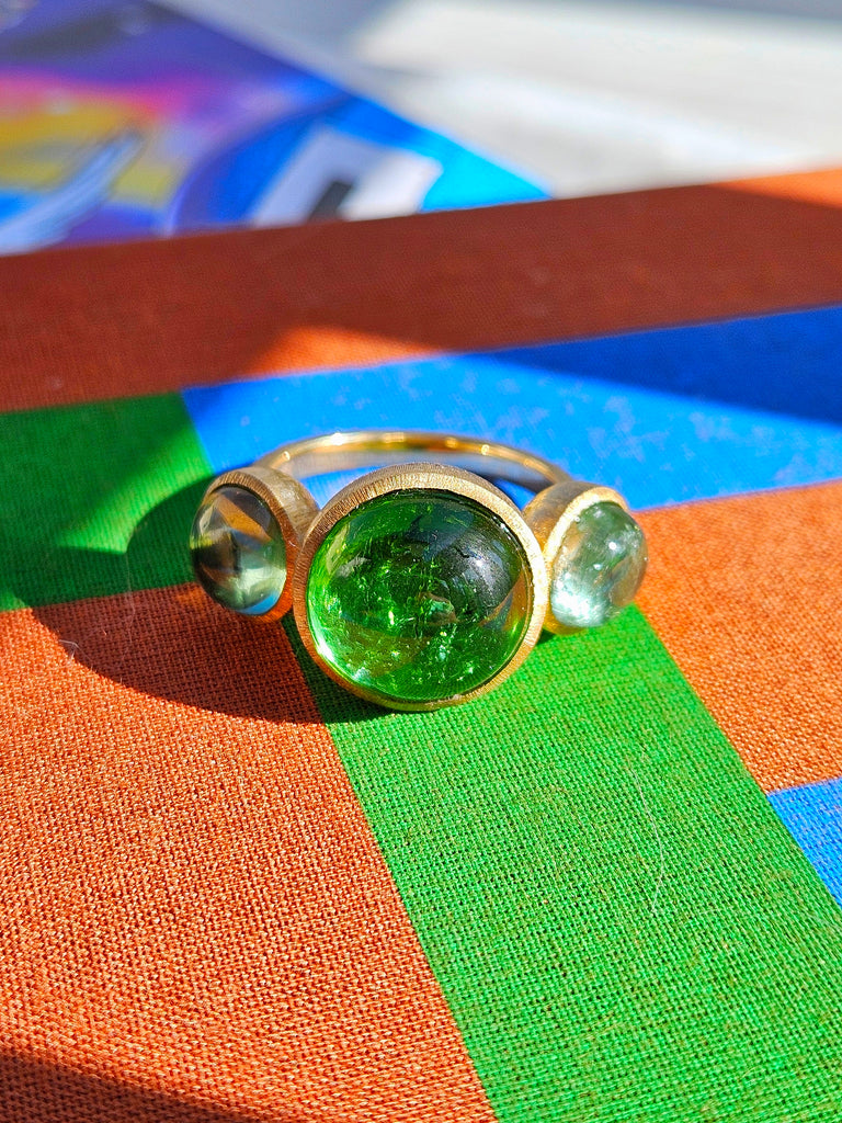 18k Solid Gold Green Tourmaline 3-STONE Cabochon Ring | Resonance Collection | Indulgems