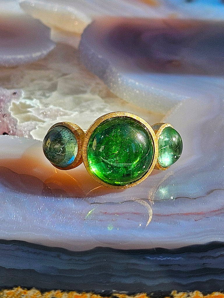 18k Solid Gold Green Tourmaline 3-STONE Cabochon Ring | Resonance Collection | Indulgems
