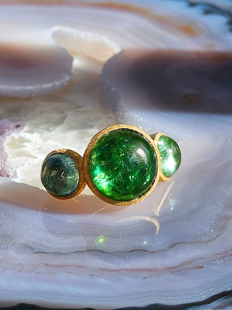 18k Solid Gold Green Tourmaline 3-STONE Cabochon Ring | Resonance Collection | Indulgems