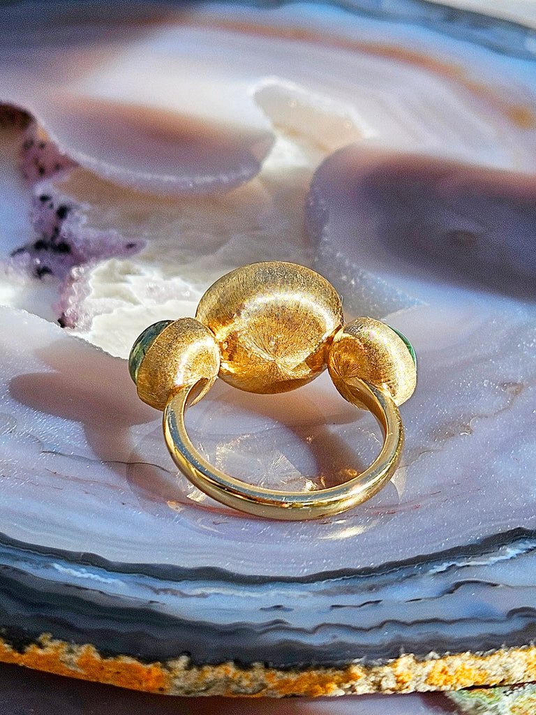 18k Solid Gold Green Tourmaline 3-STONE Cabochon Ring | Resonance Collection | Indulgems