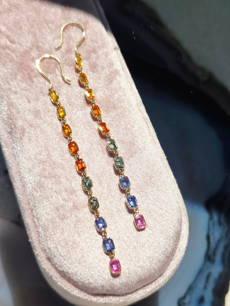 14k Yellow Gold Fancy Sapphire Rainbow Earrings | Indulgems
