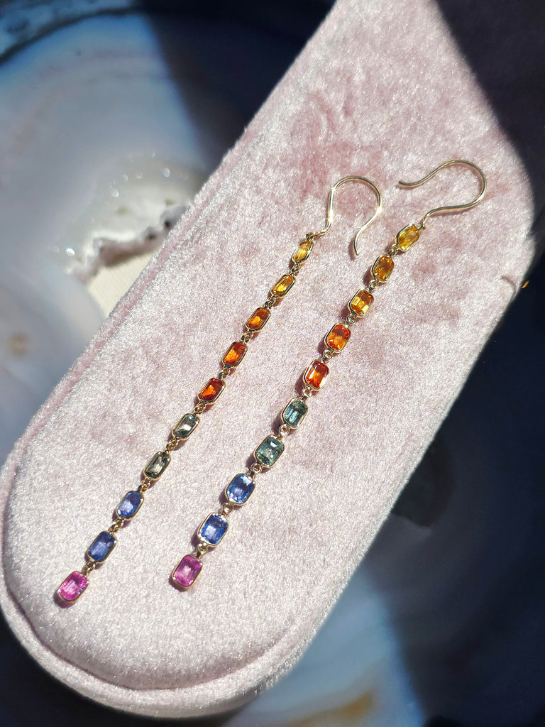 14k Yellow Gold Fancy Sapphire Rainbow Earrings | Indulgems