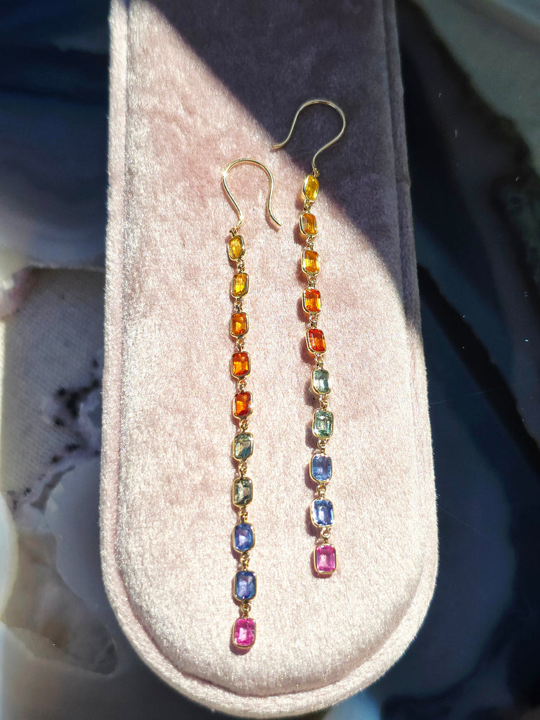 14k Yellow Gold Fancy Sapphire Rainbow Earrings | Indulgems