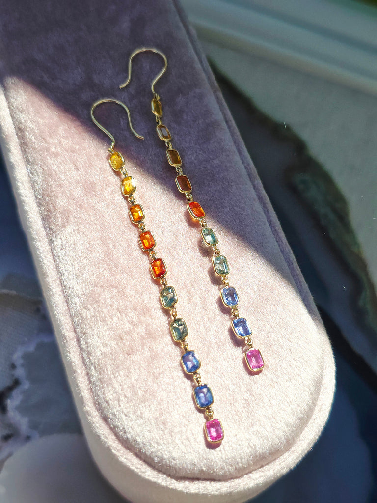 14k Yellow Gold Fancy Sapphire Rainbow Earrings | Indulgems