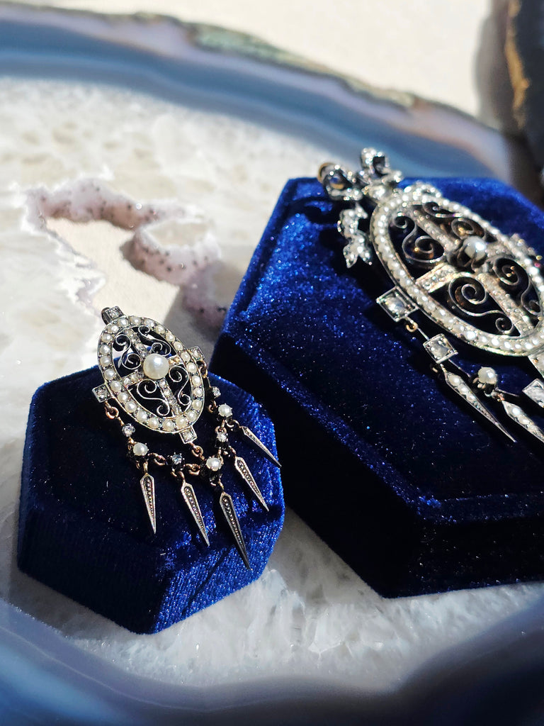 18k Gold & Silver Antique Diamond Pearl Spikey Fringe Pendant | Indulgems
