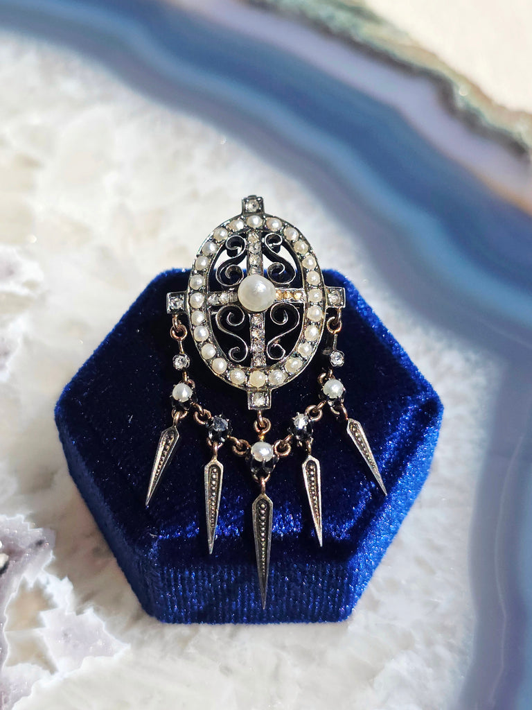 18k Gold & Silver Antique Diamond Pearl Spikey Fringe Pendant | Indulgems