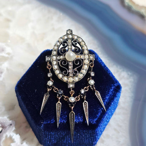 18k Gold & Silver Antique Diamond Pearl Spikey Fringe Pendant | Indulgems