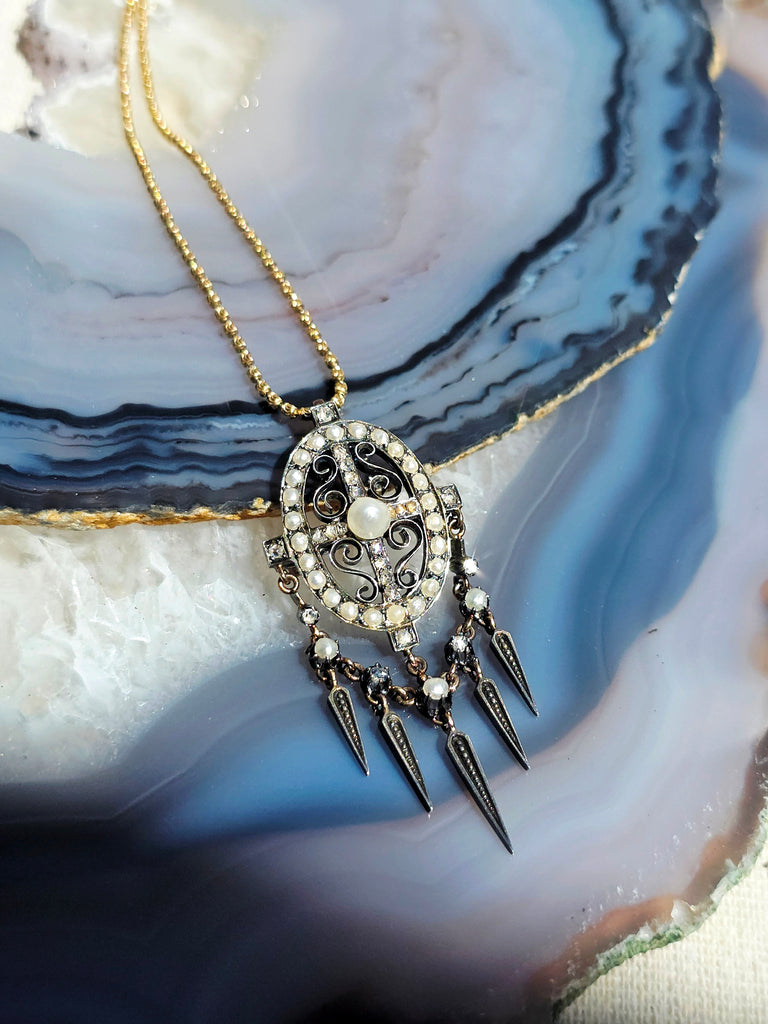 18k Gold & Silver Antique Diamond Pearl Spikey Fringe Pendant | Indulgems