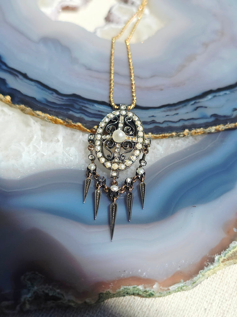 18k Gold & Silver Antique Diamond Pearl Spikey Fringe Pendant | Indulgems