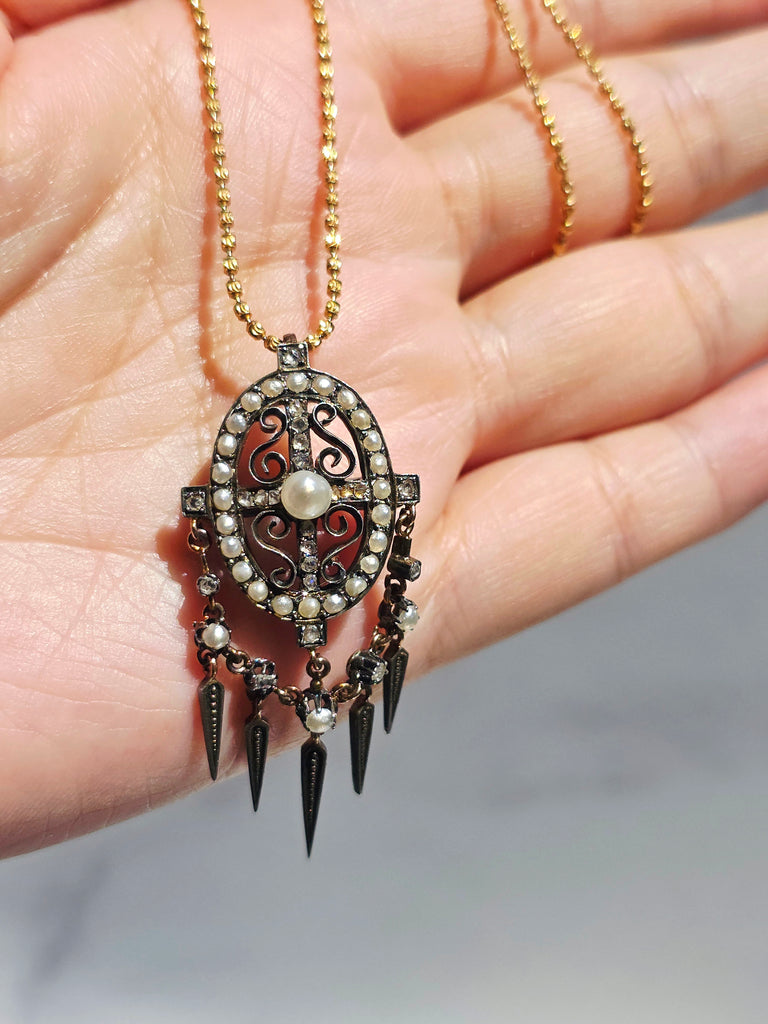18k Gold & Silver Antique Diamond Pearl Spikey Fringe Pendant | Indulgems