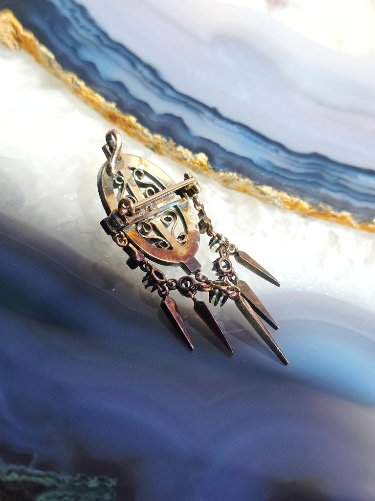 18k Gold & Silver Antique Diamond Pearl Spikey Fringe Pendant | Indulgems