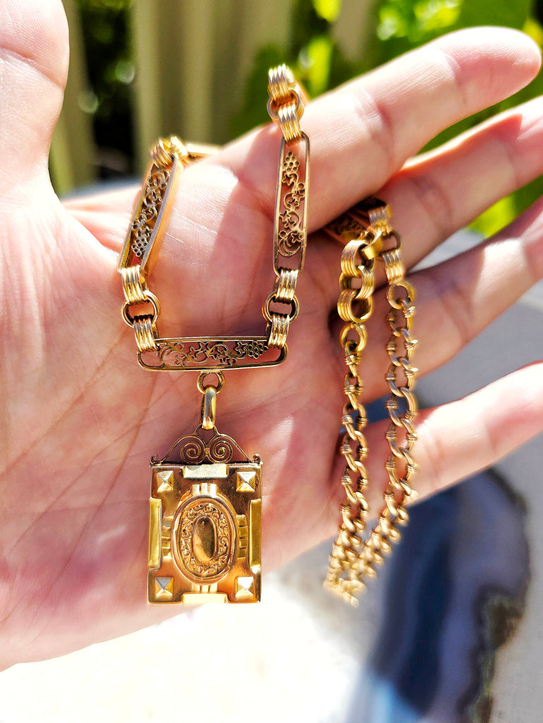 18k Solid Gold Antique Watch Chain Necklace with Locket | Indulgems