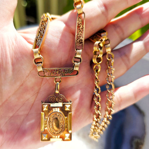 18k Solid Gold Antique Watch Chain Necklace with Locket | Indulgems
