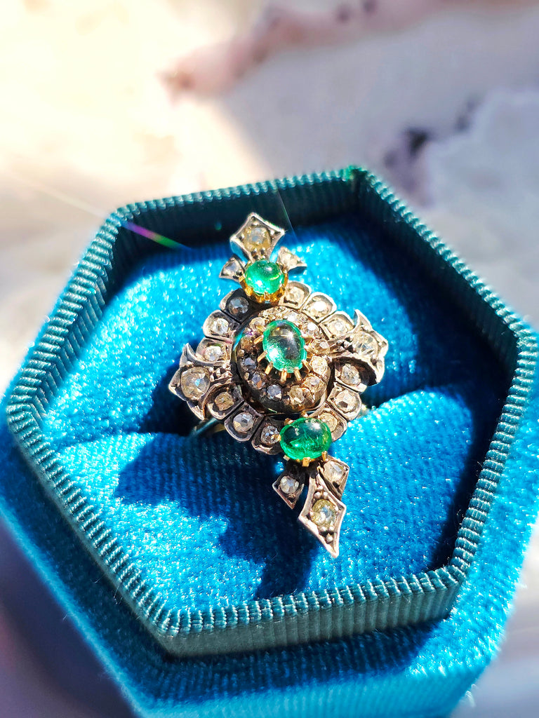 18k Yellow Gold & Silver Antique Emerald Old Cut Diamond Transformation Ring size 7 | Indulgems