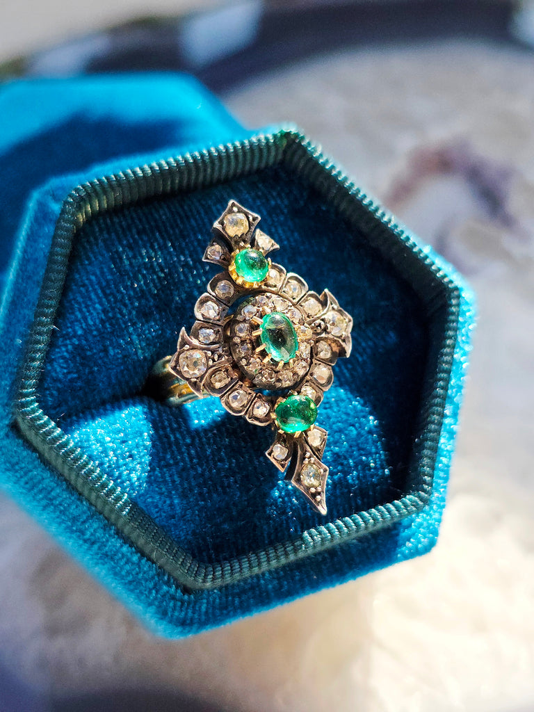 18k Yellow Gold & Silver Antique Emerald Old Cut Diamond Transformation Ring size 7 | Indulgems