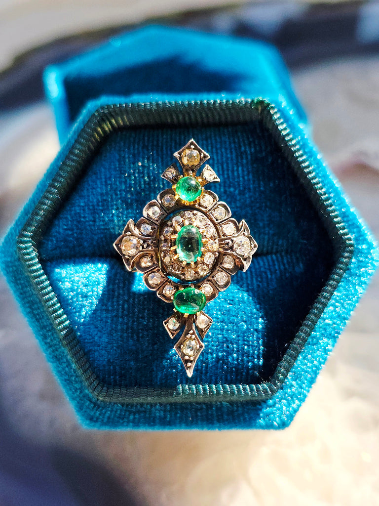18k Yellow Gold & Silver Antique Emerald Old Cut Diamond Transformation Ring size 7 | Indulgems