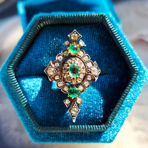 18k Yellow Gold & Silver Antique Emerald Old Cut Diamond Transformation Ring size 7 | Indulgems