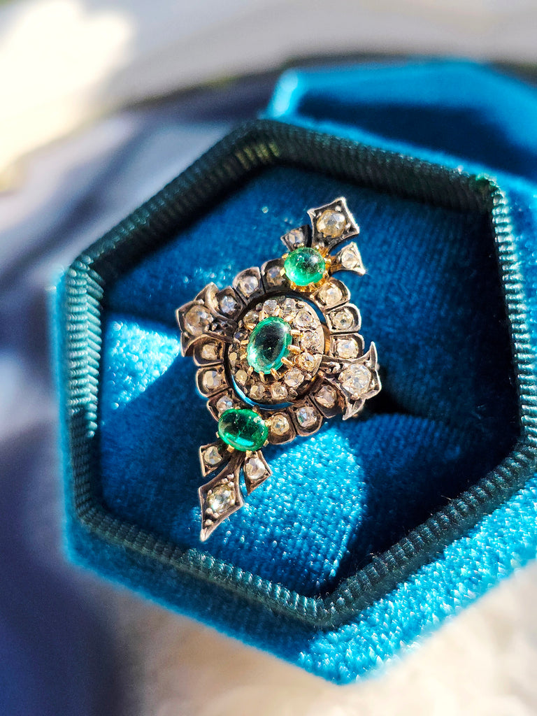 18k Yellow Gold & Silver Antique Emerald Old Cut Diamond Transformation Ring size 7 | Indulgems