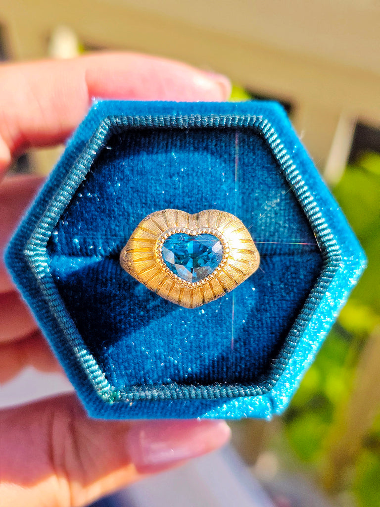 18k Solid Gold Blue Zircon Heart Gemstone Dome Ring | Indulgems | Hanabi Collection