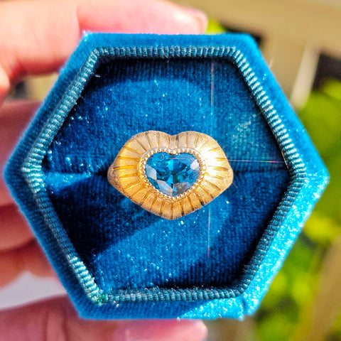 18k Solid Gold Blue Zircon Heart Gemstone Dome Ring | Indulgems | Hanabi Collection
