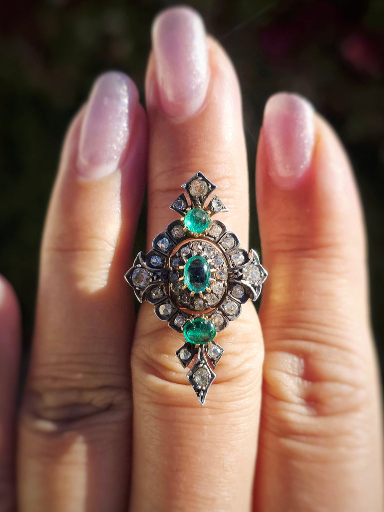 18k Yellow Gold & Silver Antique Emerald Old Cut Diamond Transformation Ring size 7 | Indulgems