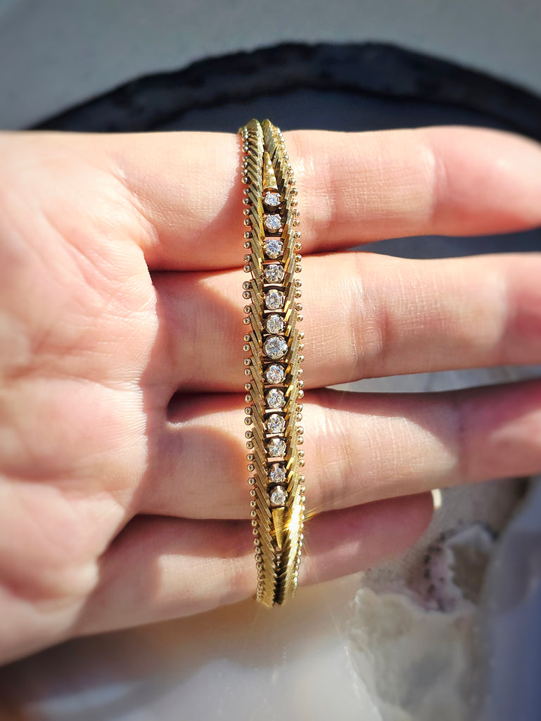 14k Yellow Gold Vintage Herringbone Diamond Bracelet | Indulgems