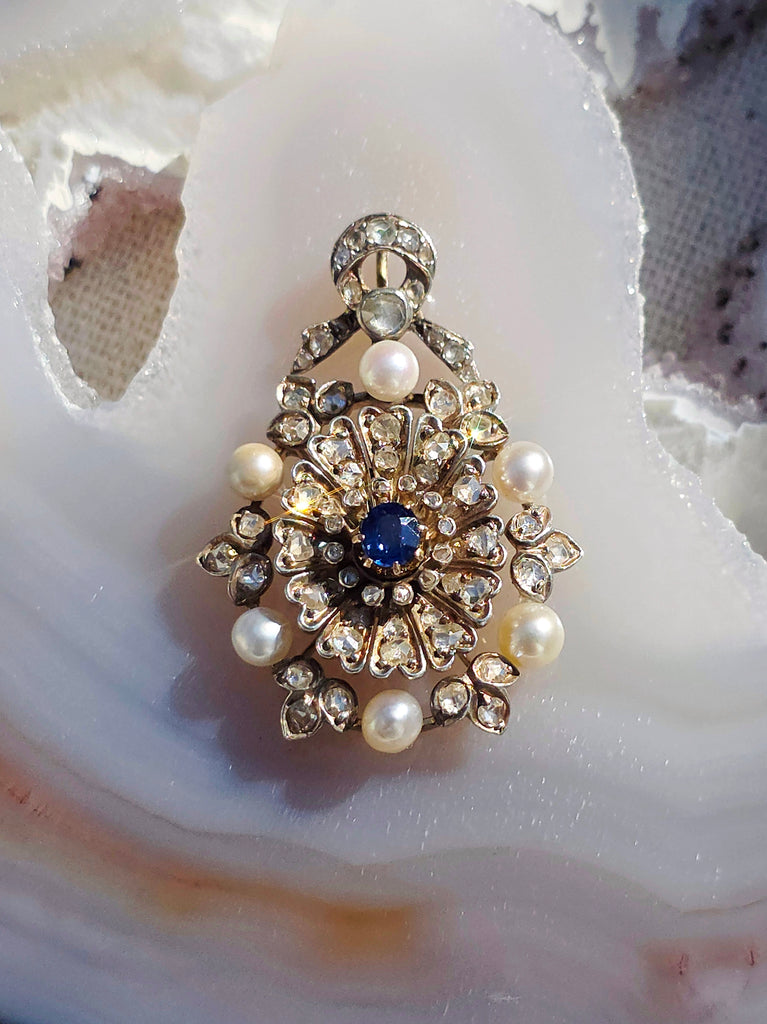 14k Gold & Silver Antique Rose-cut Diamonds and Sapphire Pendant | Indulgems