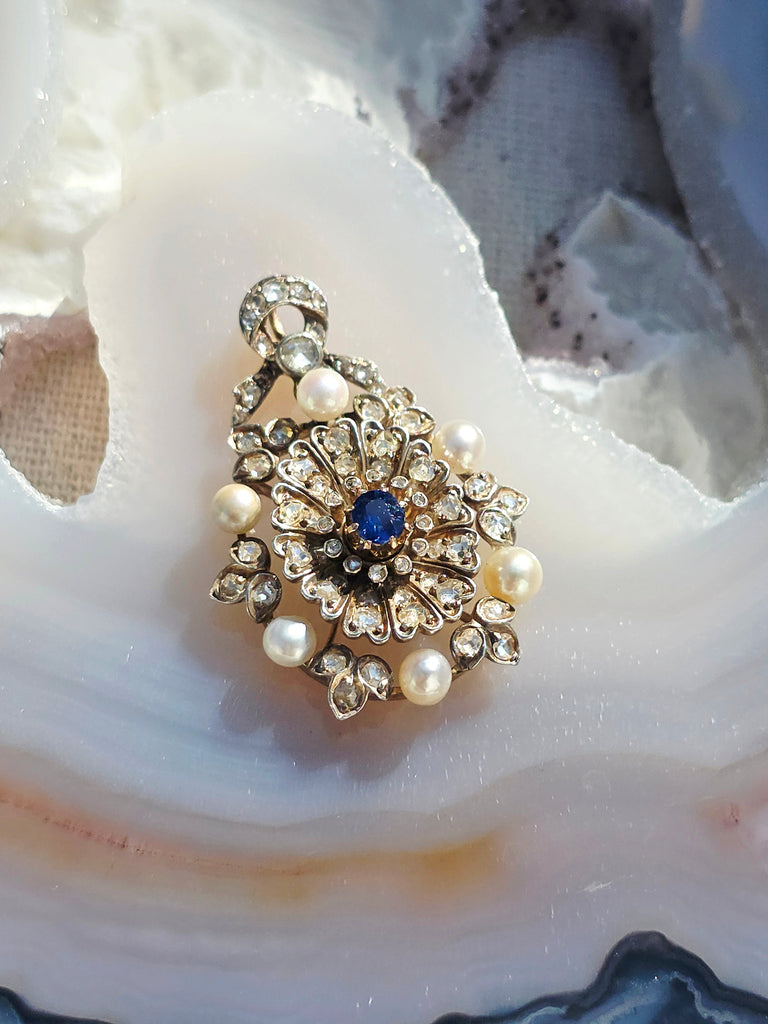 14k Gold & Silver Antique Rose-cut Diamonds and Sapphire Pendant | Indulgems