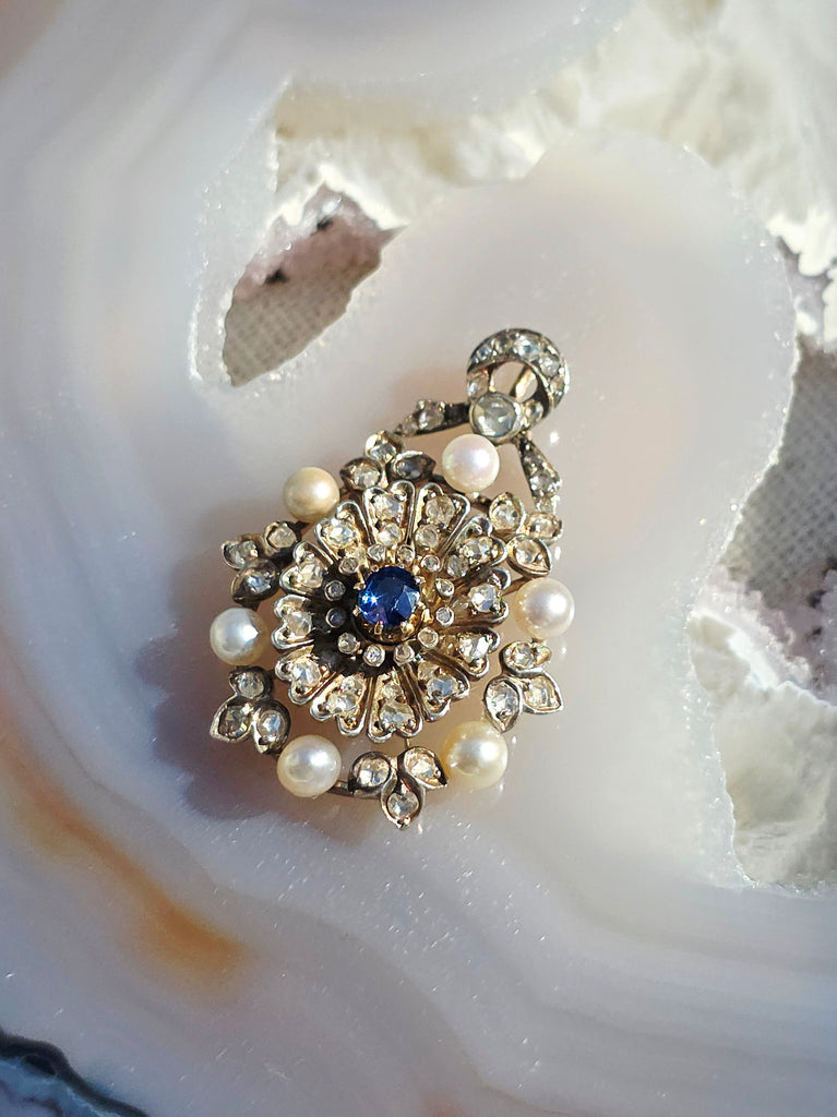 14k Gold & Silver Antique Rose-cut Diamonds and Sapphire Pendant | Indulgems