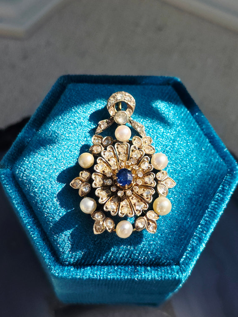 14k Gold & Silver Antique Rose-cut Diamonds and Sapphire Pendant | Indulgems