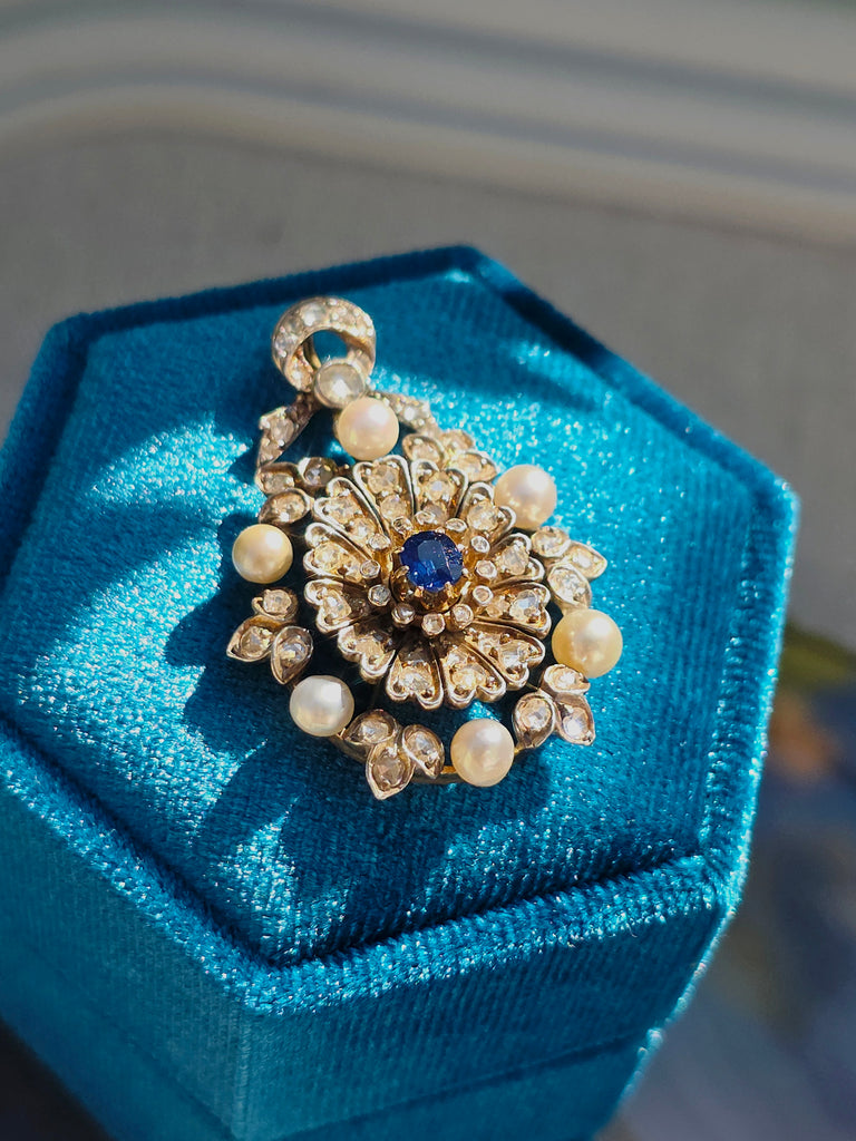 14k Gold & Silver Antique Rose-cut Diamonds and Sapphire Pendant | Indulgems
