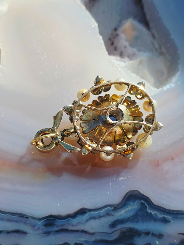 14k Gold & Silver Antique Rose-cut Diamonds and Sapphire Pendant | Indulgems