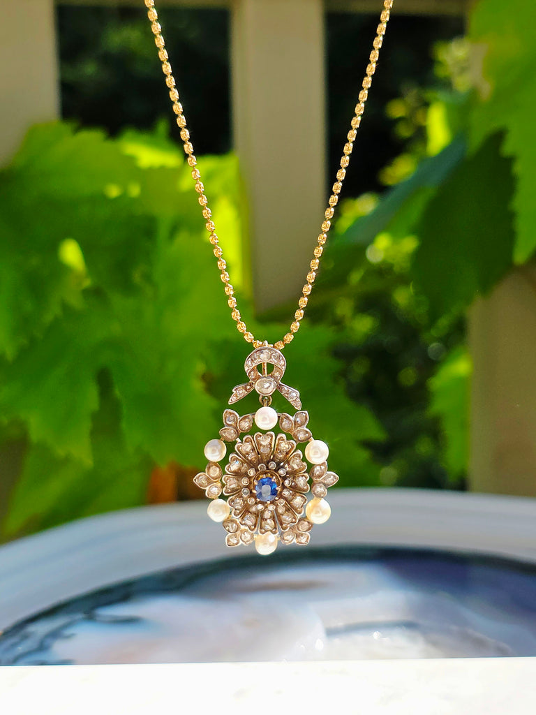 14k Gold & Silver Antique Rose-cut Diamonds and Sapphire Pendant | Indulgems