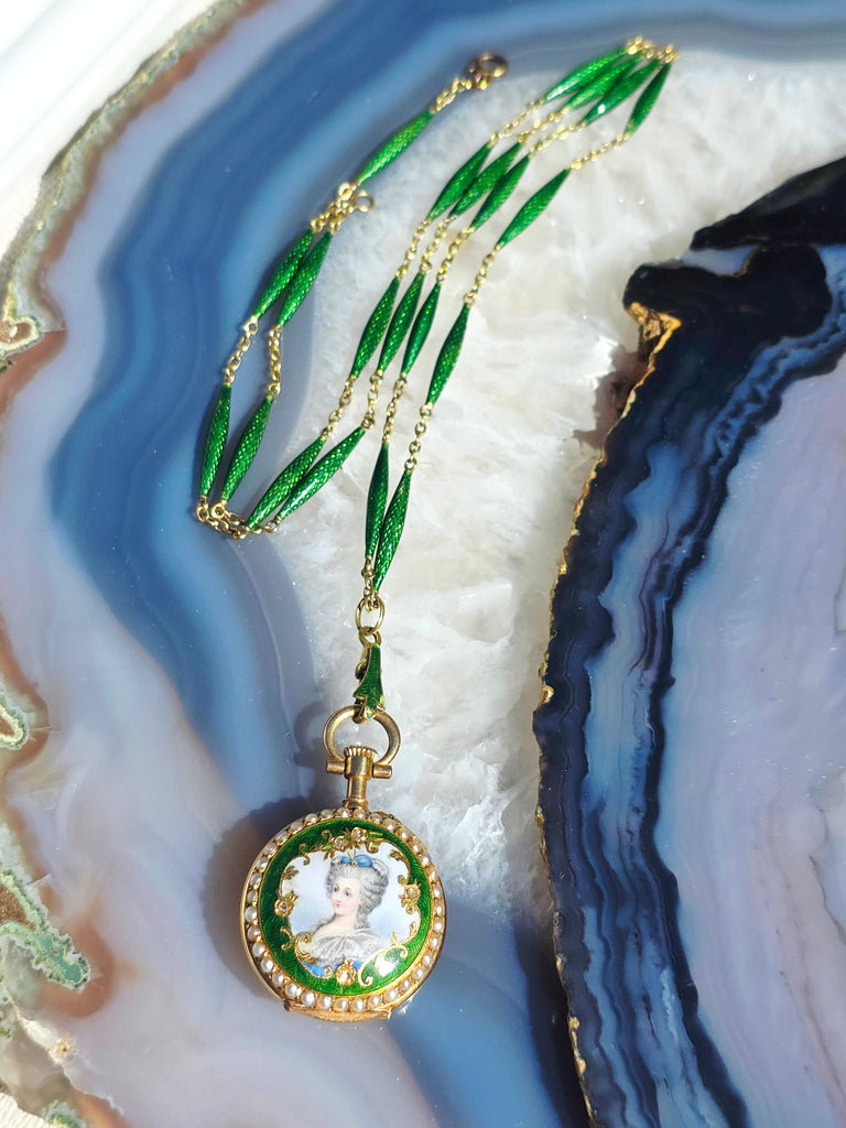 18k Solid Gold Antique Portrait Watch & Green Enamel Chain Necklace | Indulgems