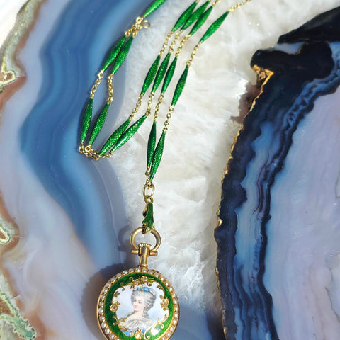 18k Solid Gold Antique Portrait Watch & Green Enamel Chain Necklace | Indulgems