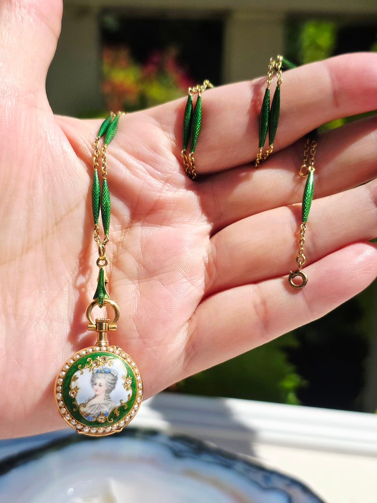 18k Solid Gold Antique Portrait Watch & Green Enamel Chain Necklace | Indulgems