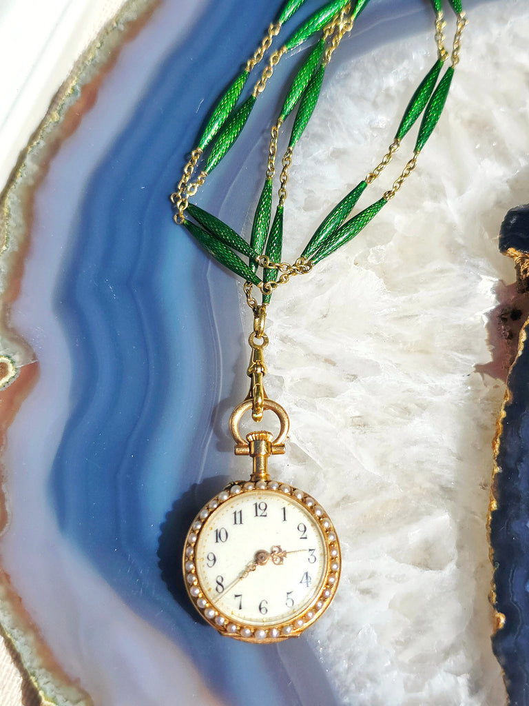 18k Solid Gold Antique Portrait Watch & Green Enamel Chain Necklace | Indulgems