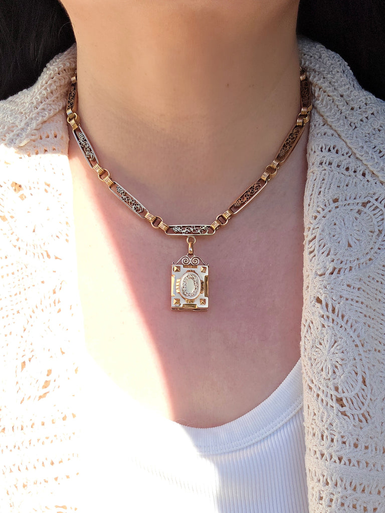 18k Solid Gold Antique Watch Chain Necklace with Locket | Indulgems