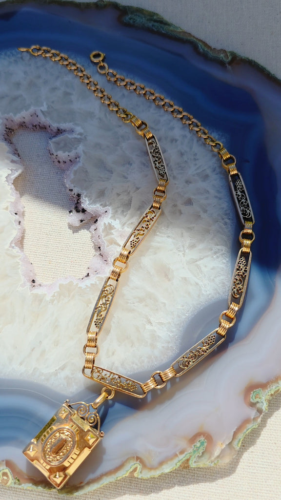 18k Solid Gold Antique Watch Chain Necklace with Locket | Indulgems