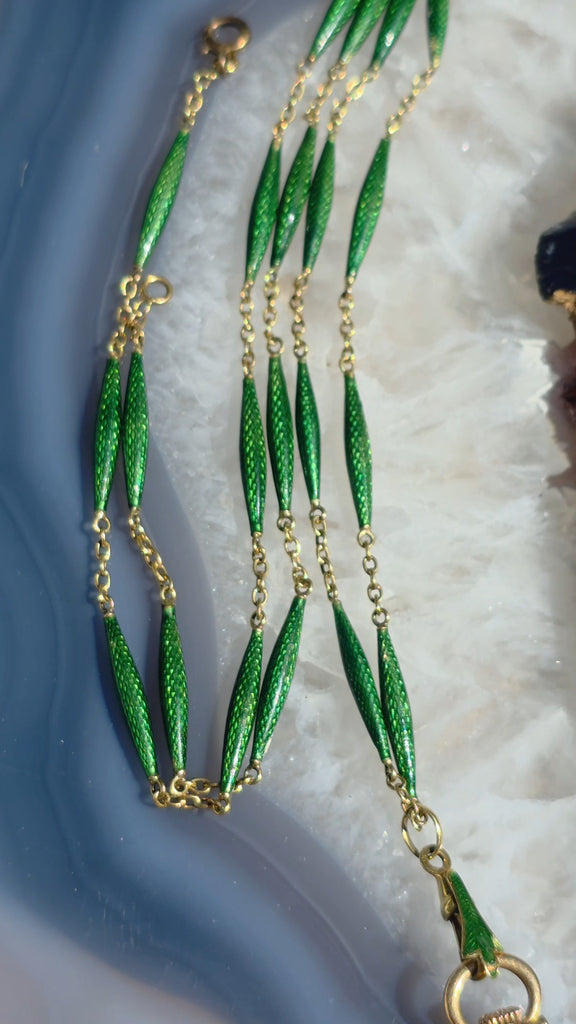 18k Solid Gold Antique Portrait Watch & Green Enamel Chain Necklace | Indulgems