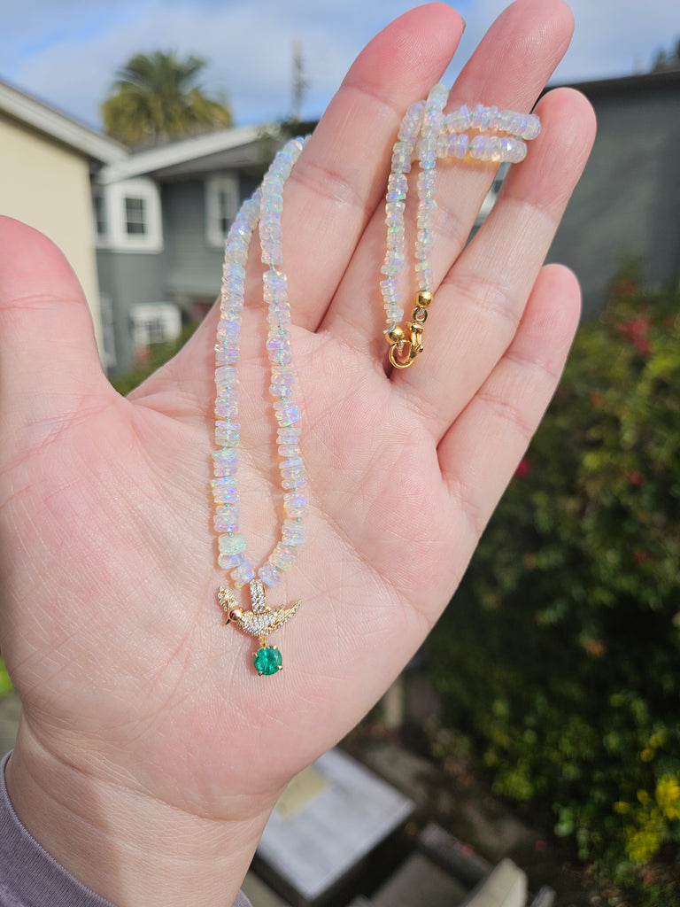 Ethiopian Opal Gemstone Bead Necklace with Crown Parrot Diamond Bird Penant Natural Emerald 20" 18K Yellow Gold