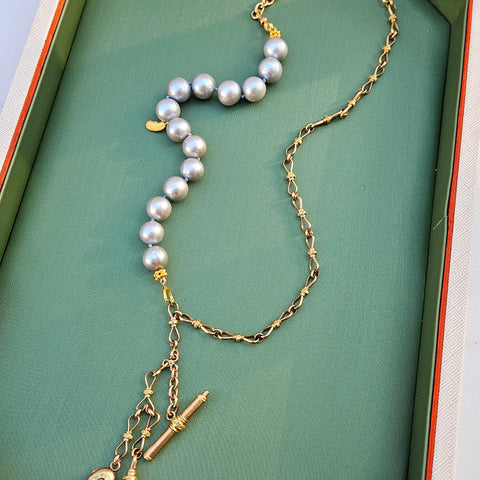 2IN1 - Antique 18K Yellow Rose Gold Two Tone Watch Chain with Key, Locket and Fob, Freshwater Pearl Feather Charm Bracelet Combo | Indulgems | Designs in Real Gold