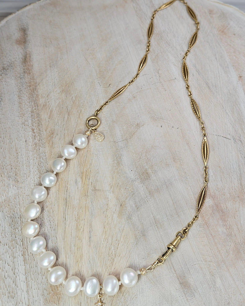 2IN1 - Genuine Antique 18K Yellow Gold Watch Chain and Freshwater Pearl Diamond 14K Gold Bracelet Combo