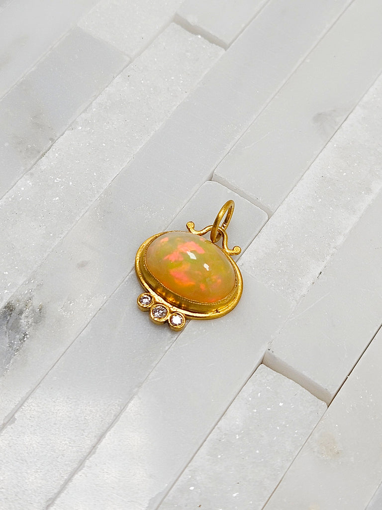 24K Gold Ethiopian Opal Gemstone Cabochon Pendant with Diamond