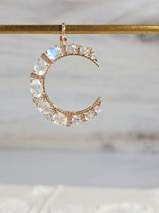 Rainbow Moonstone Gemstone Crescent Moon 14K Yellow Gold Diamond Pendant