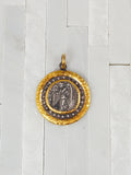 Ancient Coin Nike Deity Replica Diamond Sterling Silver 24K Yellow Gold Large Pendant