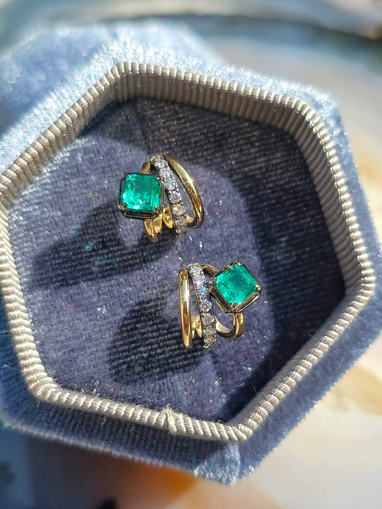 18k Solid Gold Lab-grown Emerald & Diamond Huggie-style Earrings | Indulgems