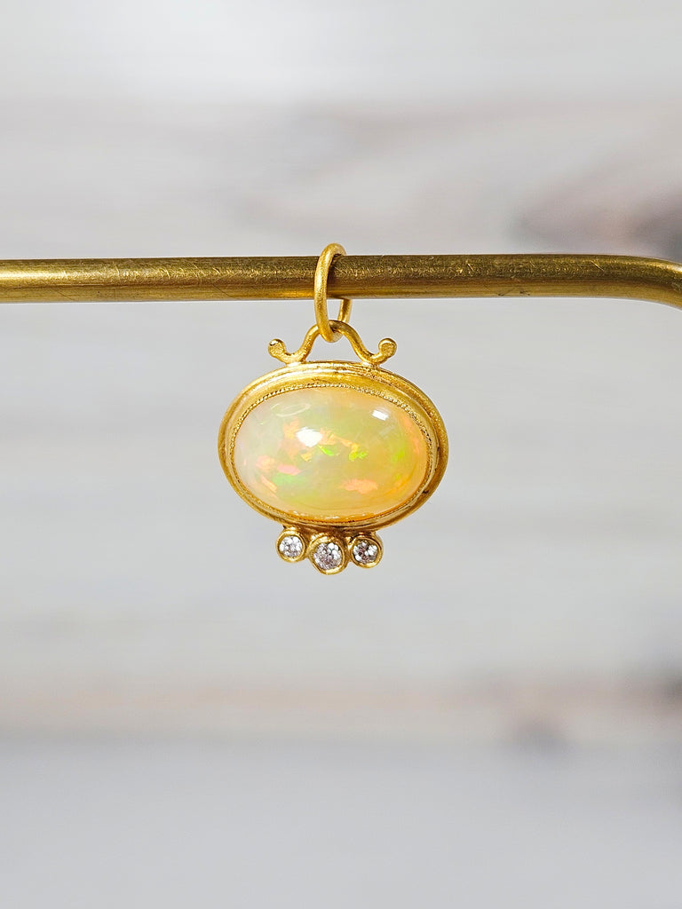 24K Gold Ethiopian Opal Gemstone Cabochon Pendant with Diamond