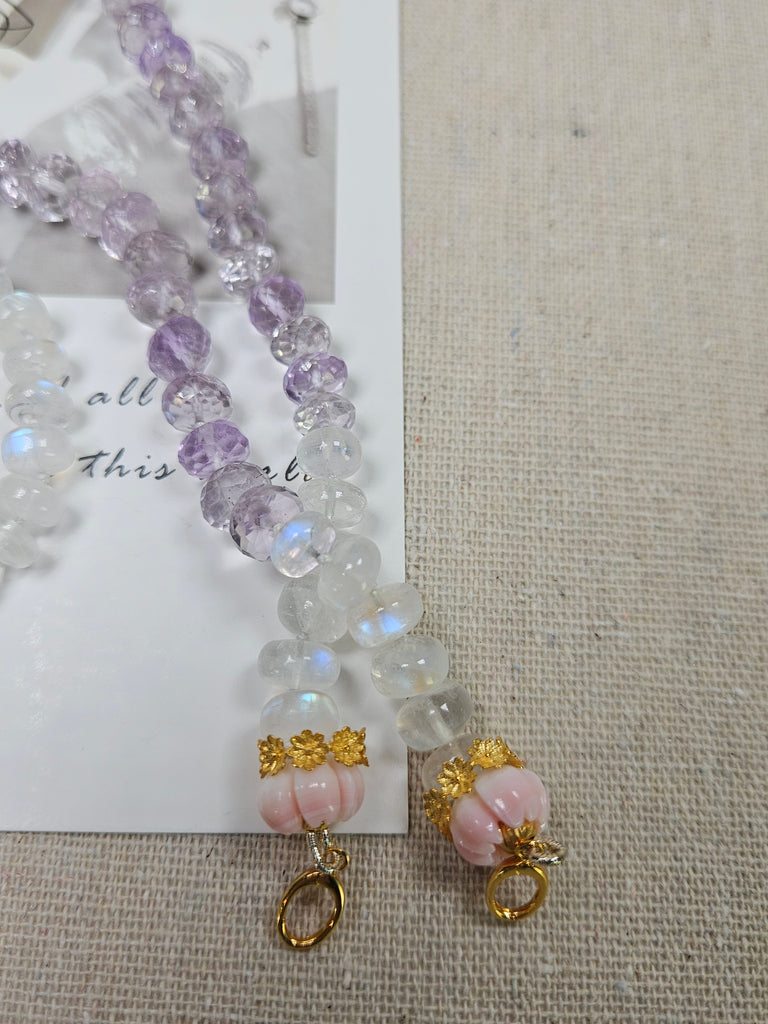 Pink Amethyst, Rainbow Moonstone, Pink Shell Carved Flower Pastel Lilac Gemstone 18K Gold Open Loop Necklace 18"